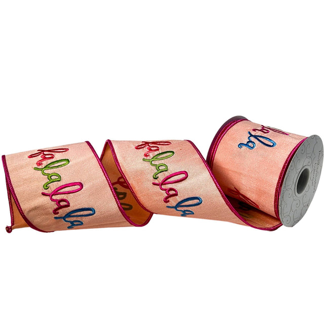 4" Peach Faux Dupioni- Multi Color Fa La La La Ribbon- 10 Yards