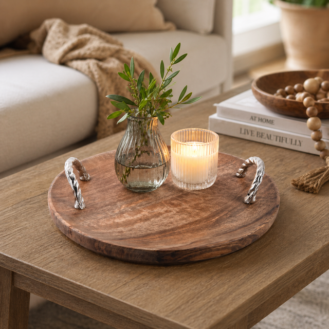 16" Natural Wooden Tray with Aluminum Handles