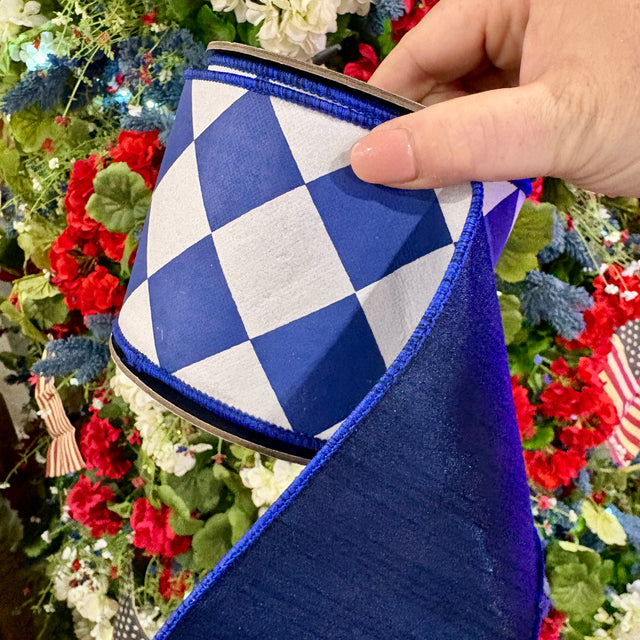 4"X10YDS Blue & White Grand Diamond Dupioni Deluxe Wired Edge Ribbon