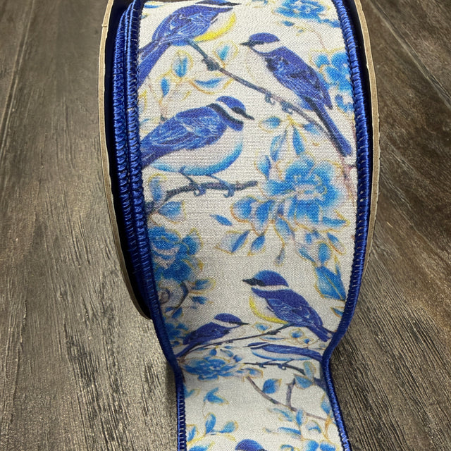 2.5"X10YDS Blue Bird Perched Deluxe Dupioni Backed Wired Edge Ribbon