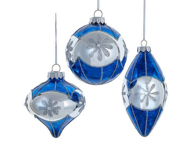 3" Blue/White Glass Ball Ornament- Set of 3