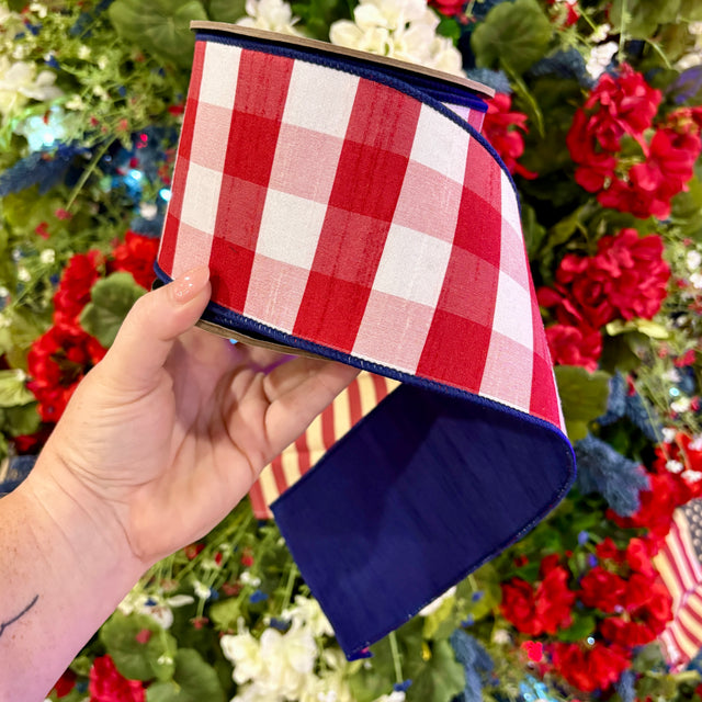 4" x 10YDS Faux Dupion Checked Double-Sided Ribbon | Red White Navy