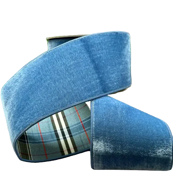 4" x 10YDS Dusty Blue Velvet Ribbon with Plaid Backing