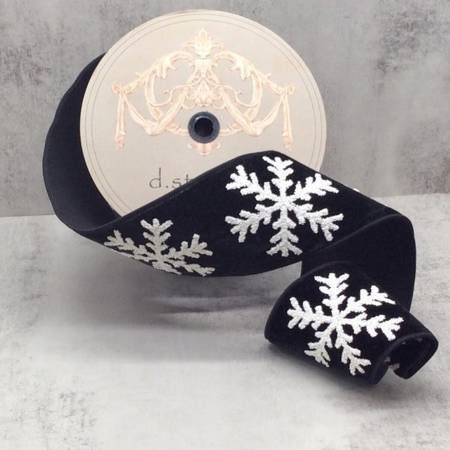 4" x 10yds Black Velvet Ribbon with White Matte Glitter Snowflakes