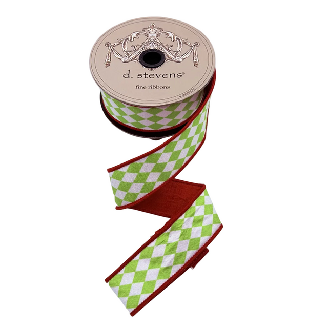 1.5" x 10 Yards Dupion Harlequin Ribbon | Red, Lime Green & White