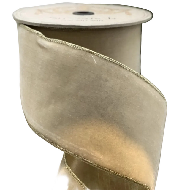 2.5" x 10 Yards Cream Lush Velvet Metallic Light Gold Back Ribbon