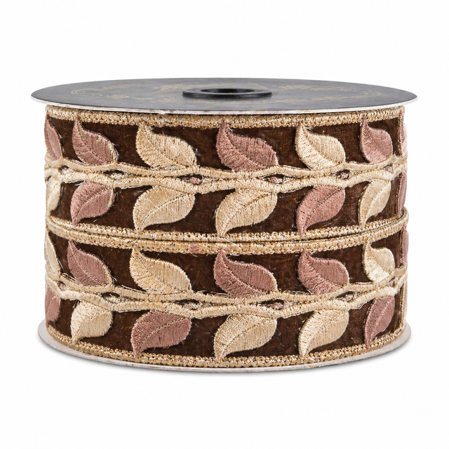 1.5" x 5yd Laser Leaf Trim Suede Metallic Dupioni Fused Ribbon