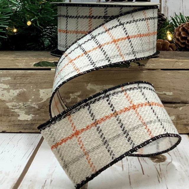 2.5" x 10yd Faux Wool Windowpane Plaid Ribbon | Black, Orange & Ivory