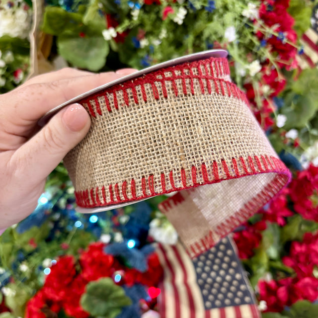 2.5"x10YDS Brown & Red Stitched Burlap Wired Edge Ribbon