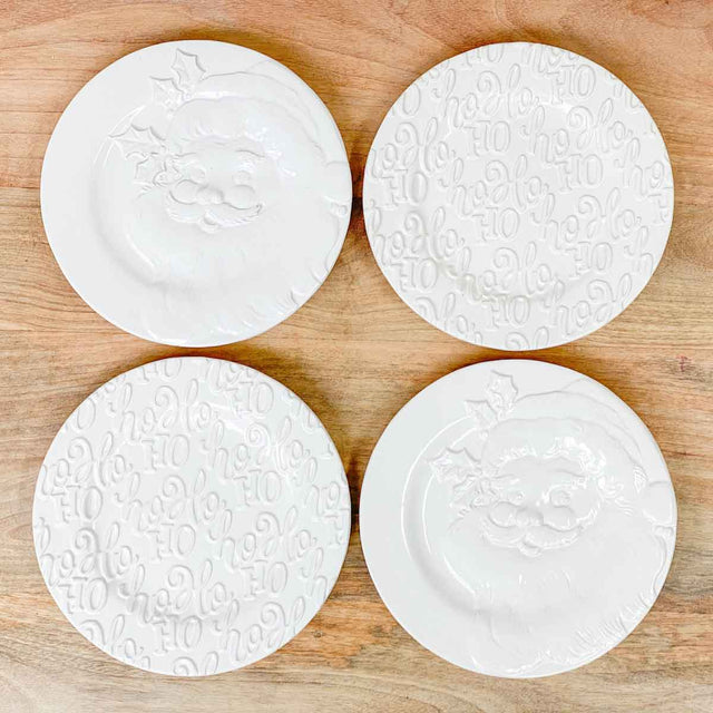 8" HoHoHo Santa Embossed White Plates | Set of 4