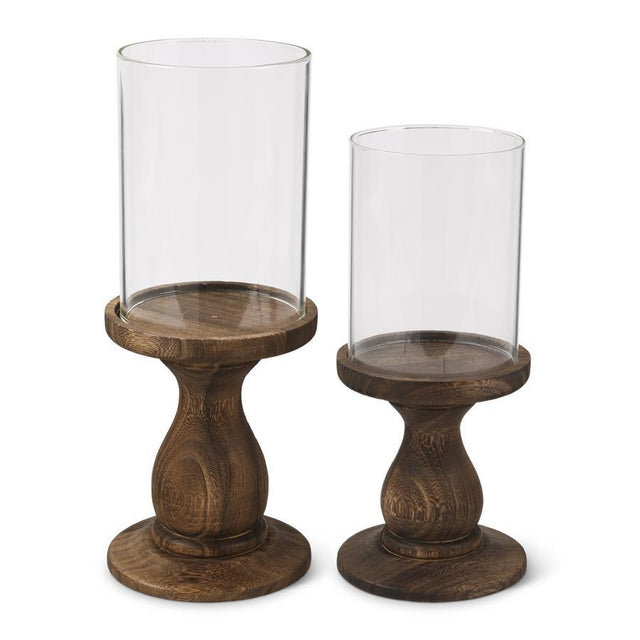 Set of 2 Glass Cylinder Candleholders with Wood Pedestals