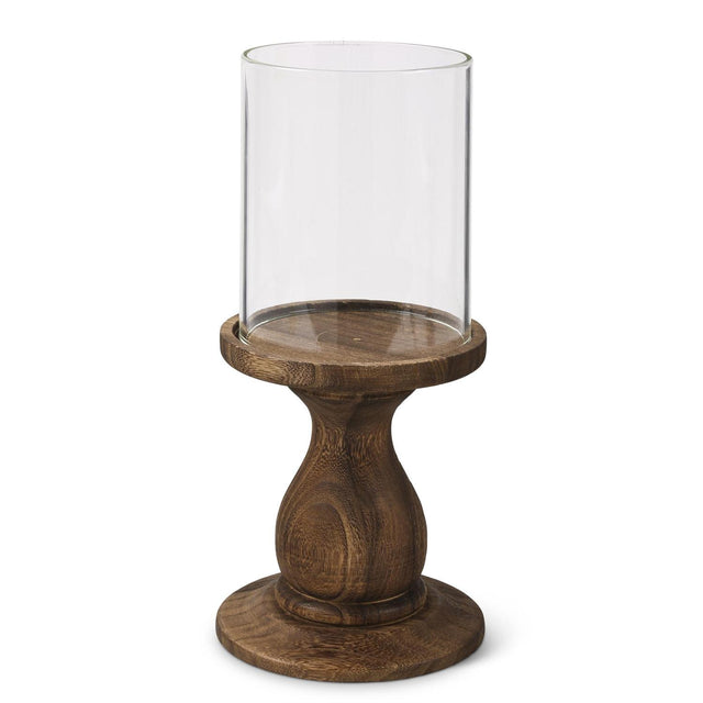 Set of 2 Glass Cylinder Candleholders with Wood Pedestals