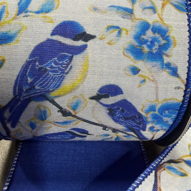 4"X10YDS Blue Bird Perched Deluxe Dupioni Backed Wired Edge Ribbon