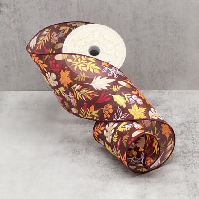 4" x 10yd Linen Autumn Foliage Ribbon – Brown, Orange & Burgundy