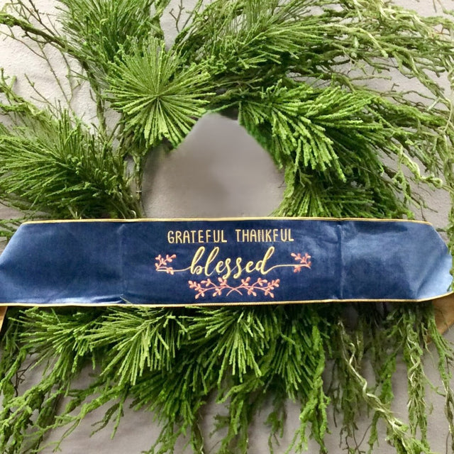 6" x 56" Velvet Embroidered "Grateful Thankful Blessed" Banner | Dusty Blue, Pink, & Gold