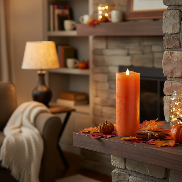 8.5" Orange Wax Indoor Pillar Candle with Remote