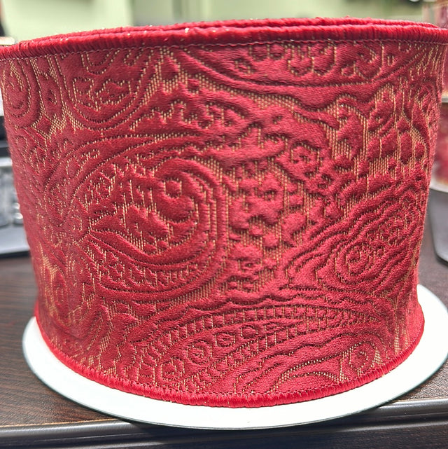 4"x10 Yard Red Woven Foliage Pattern Ribbon