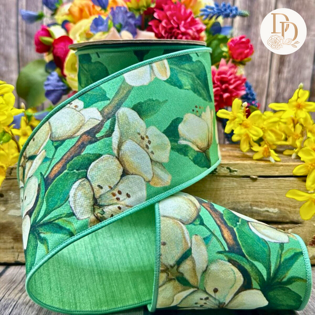 4" Mint Green | Cream | Apple Blossom | Dupioni Ribbon- 10 Yards