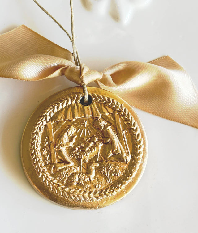3” Hand Brushed Gold Leaf Nativity Christmas Ornament