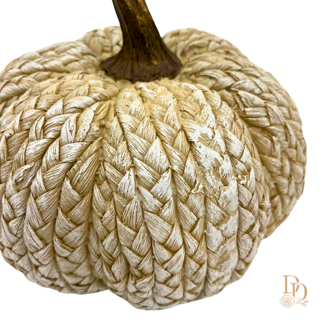 7.5" Antique Ivory Resin Rattan Weave Pumpkin
