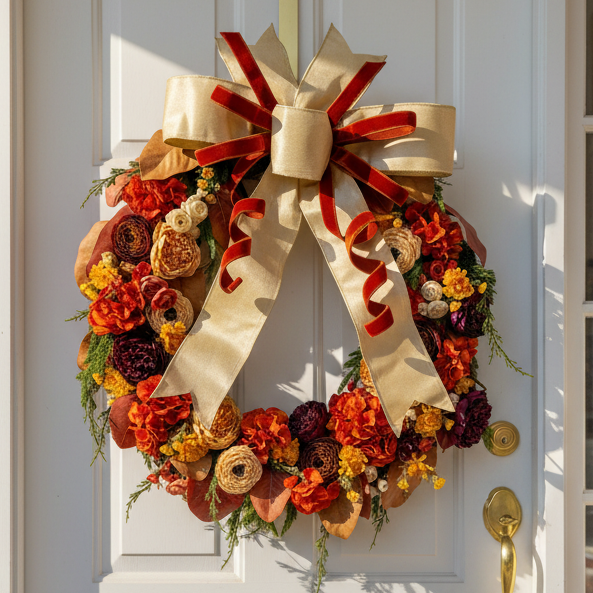designer fall wreath fall porch decor with designer bow