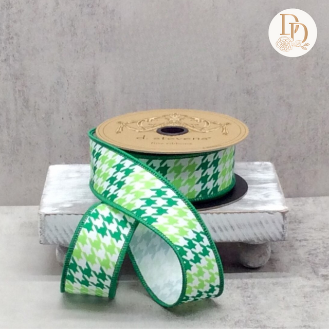 1.5" White| Green Houndstooth | Linen Ribbon- 10 Yards