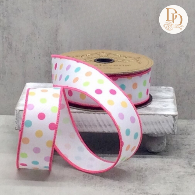 1.5" Pink | White | Pastel | Polka Dots Linen Ribbon- 10 Yards