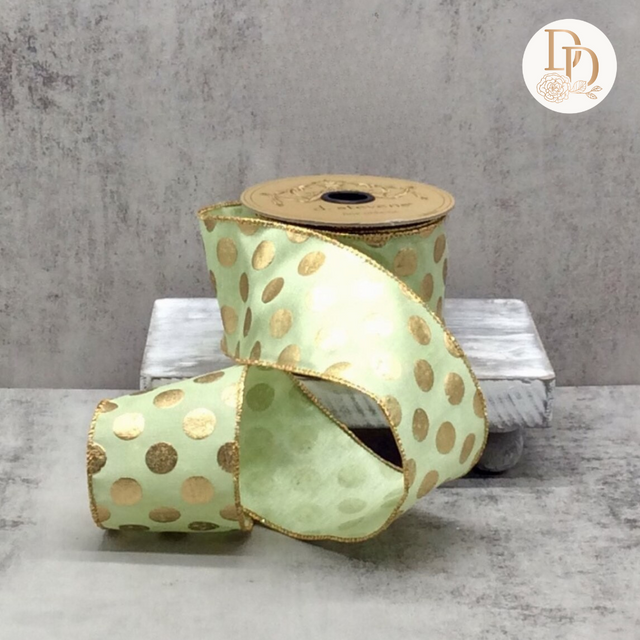 2.5" Sea Grass Green | Gold Metallic Polka Dot | Faux Dupioni Ribbon- 10 Yards