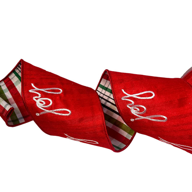 4" Red Faux Dupioni "JOY" Plaid Back Ribbon- 10 Yards