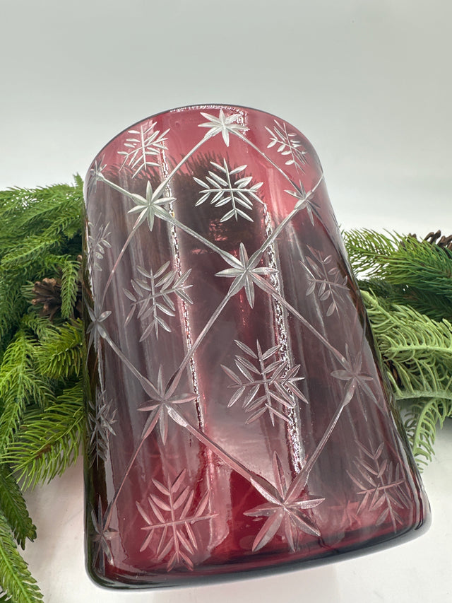 8" Cranberry Etched Glass Hurricane Vase