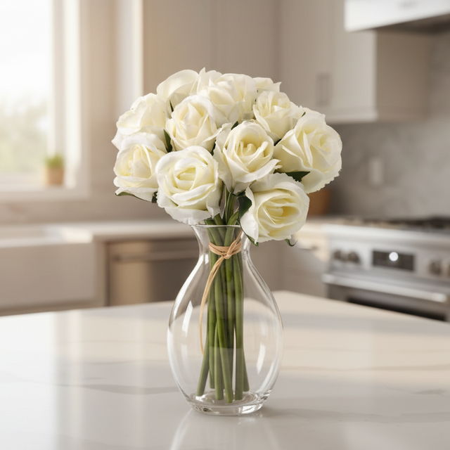 Bouquet of white roses with a visible brand logo on a white background