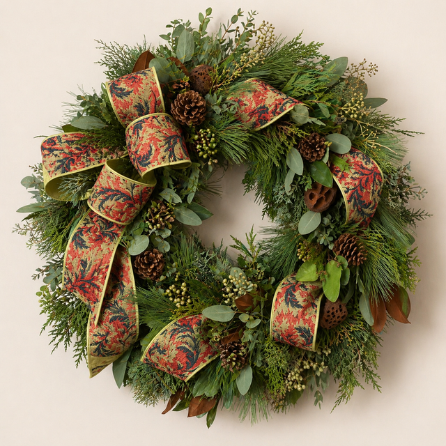 4" x 5yd Red/Apple/Green Acanthus Jacquard Dupioni Fused Ribbon
