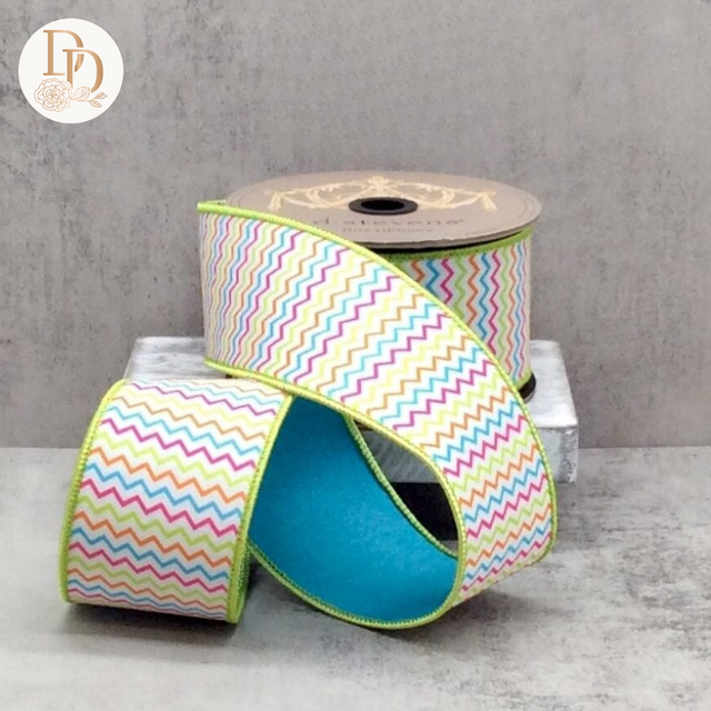 2.5" Pink | Orange | Teal | Lime Chevron Pattern | Dupioni Ribbon- 10 Yards