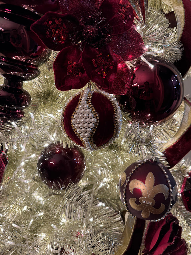 4" Burgundy Velvet with Pearl/Jewel Ball Ornament