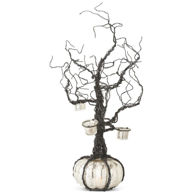 28" Black Wire Votive Halloween Tree with LED Mercury Pumpkin Base