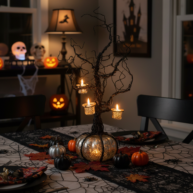 28" Black Wire Votive Halloween Tree with LED Mercury Pumpkin Base