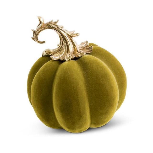 9.5" Green Velvet Pumpkin with Gold Filigree Stem
