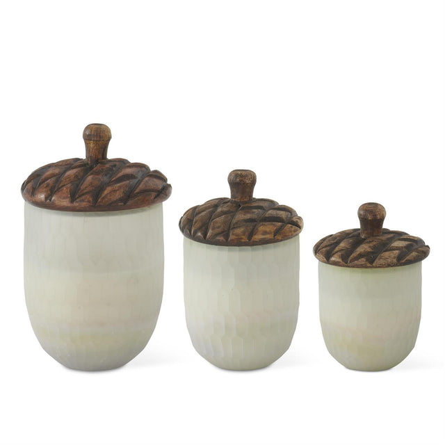 Frosted Glass Acorn Filled Candles with Wood Lid | 3.25",4",5"
