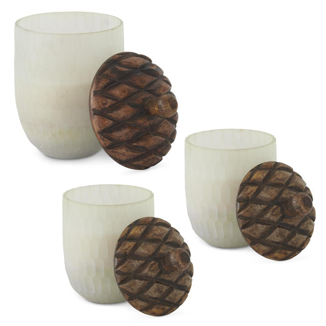 Frosted Glass Acorn Filled Candles with Wood Lid | 3.25",4",5"