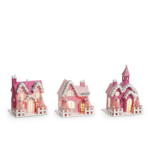 5" Pink Lighted Village Ornament