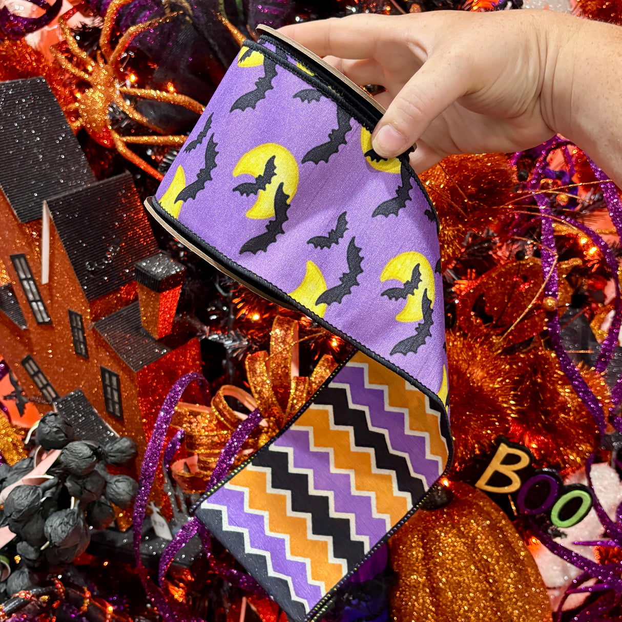 4" x 10 YDS Dupion Halloween Bats/Moon Ribbon with Chevron Backing
