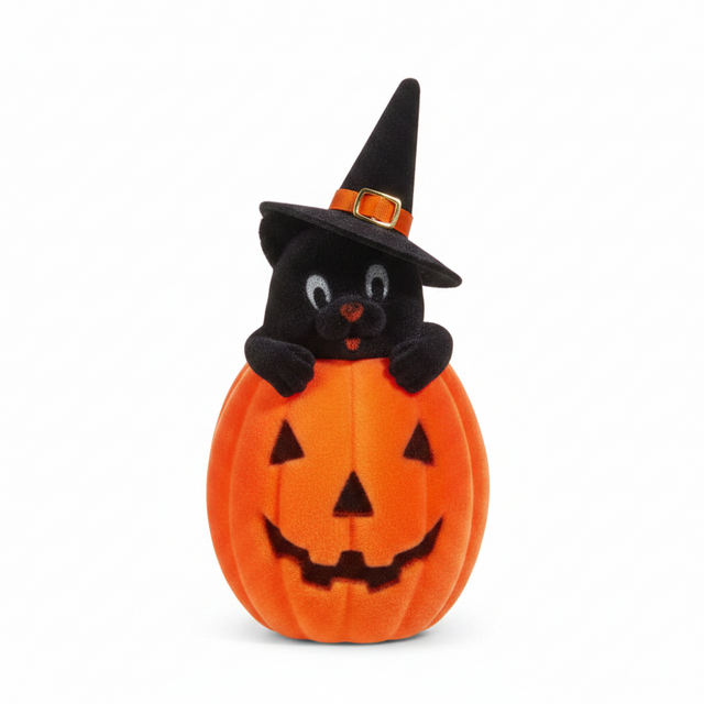10" Flocked Cat in Jack-O'-Lantern | Two Playful Colors Available