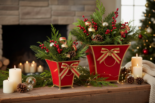 12.25" Red and Gold Cache Pots | Set of 2