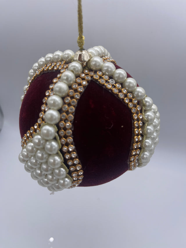 4" Burgundy Velvet with Pearl/Jewel Ball Ornament