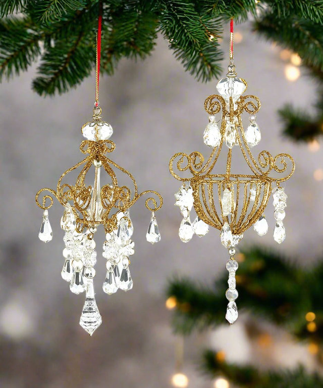 6.5" Gold Glitter Iron Chandelier with Drop and Glitter Ornament