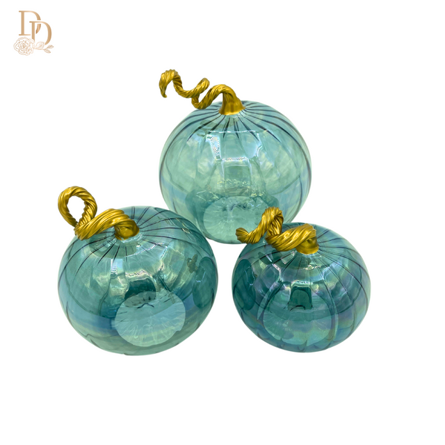 4" Iridescent Teal Hand Blown Glass Pumpkin
