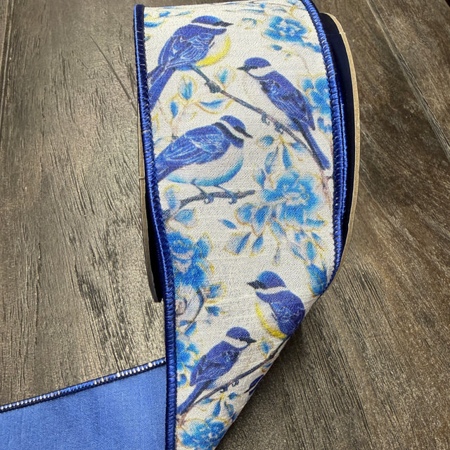 2.5"X10YDS Blue Bird Perched Deluxe Dupioni Backed Wired Edge Ribbon
