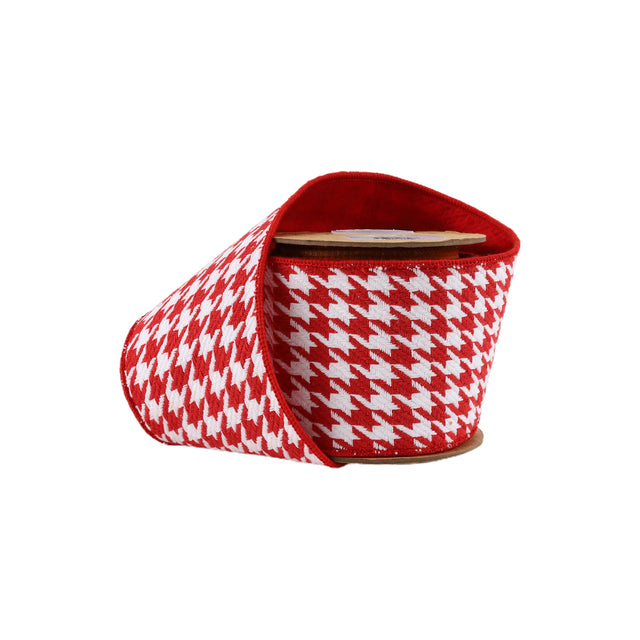 4" x 5YDS Red & White Houndstooth with Red Taffeta Backing Ribbon