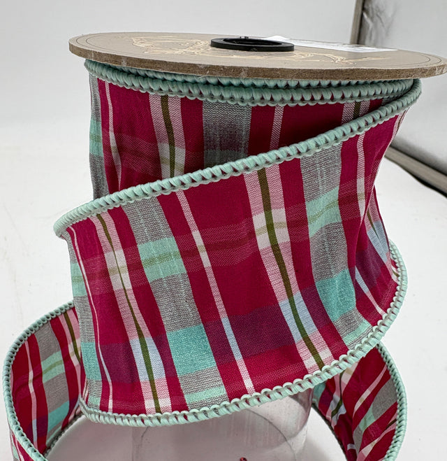 2.5" x 10YD Hot Pink + Celadon Plaid Dupioni Ribbon
