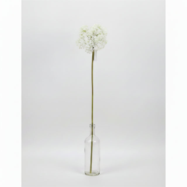 White decorative ball flower arrangement on a gray background with product code and measurements.